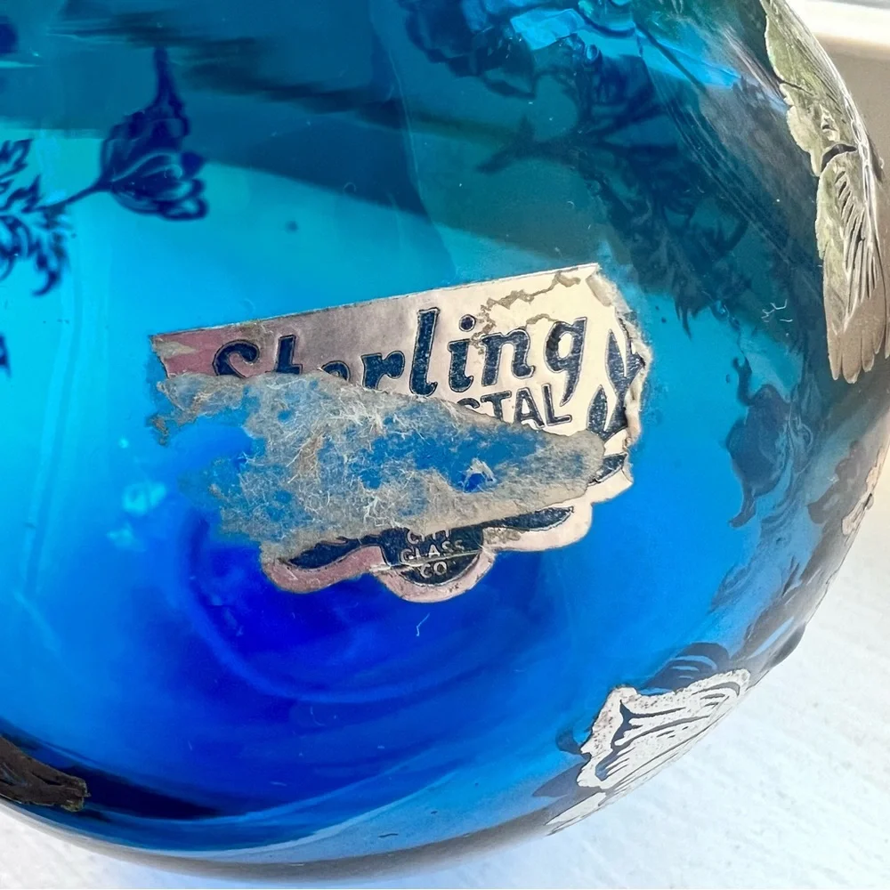 Vintage Hand Blown Silver City Glass - Sterling Silver Overlay‎ Blue Vase - RARE